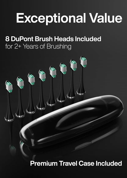 Black Series Ultra Whitening Toothbrush – ADA Accepted Electric Toothbrush- 8 Brush Heads & Travel Case – 40,000 VPM Electric Motor & Wireless Charging - 4 Modes W Smart Timer
