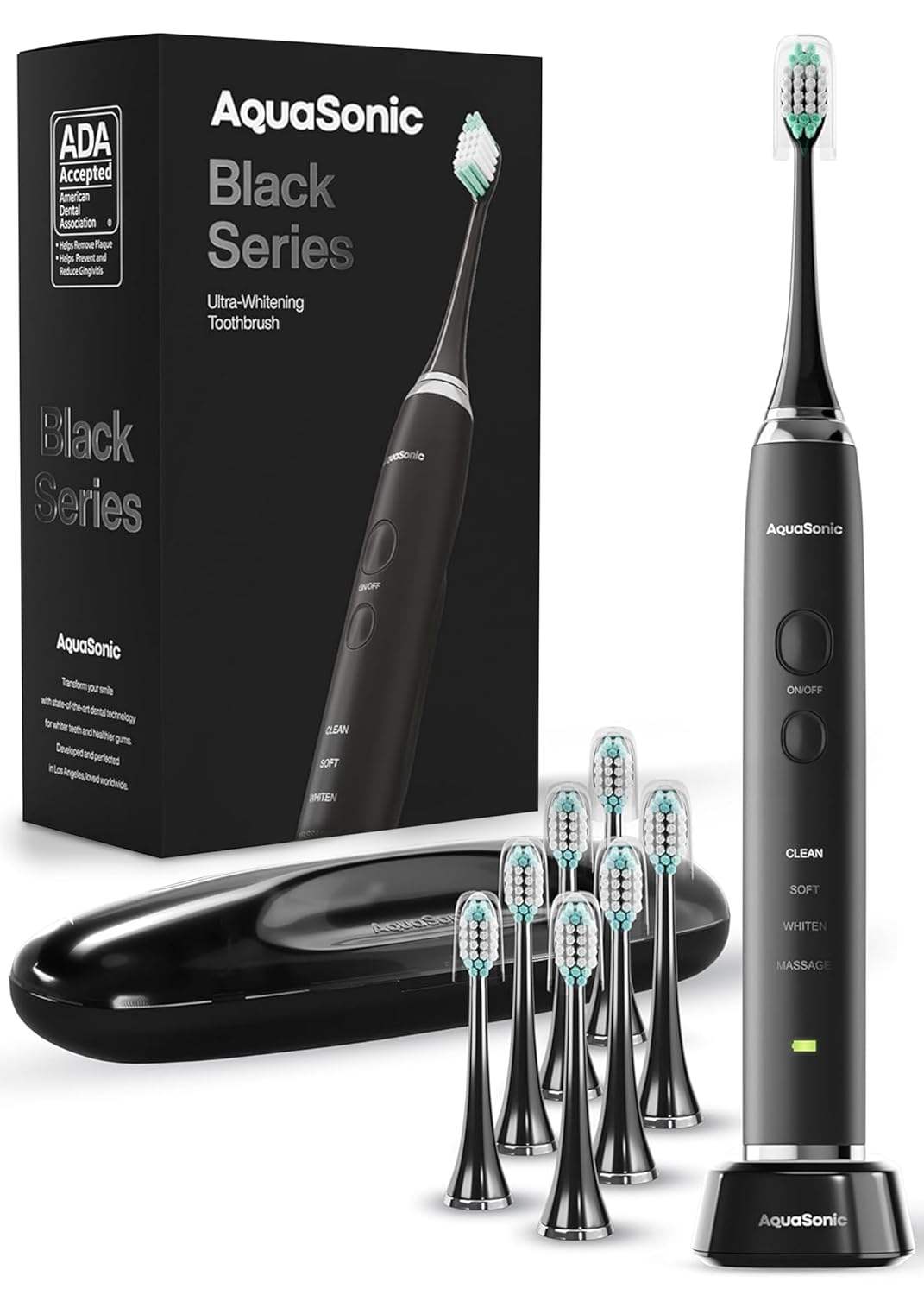 Black Series Ultra Whitening Toothbrush – ADA Accepted Electric Toothbrush- 8 Brush Heads & Travel Case – 40,000 VPM Electric Motor & Wireless Charging - 4 Modes W Smart Timer